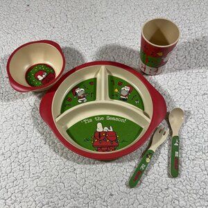 Peanuts Snoopy Dinnerware Kids 5 Pc Christmas Bamboo Fiber Set Eco Friendly